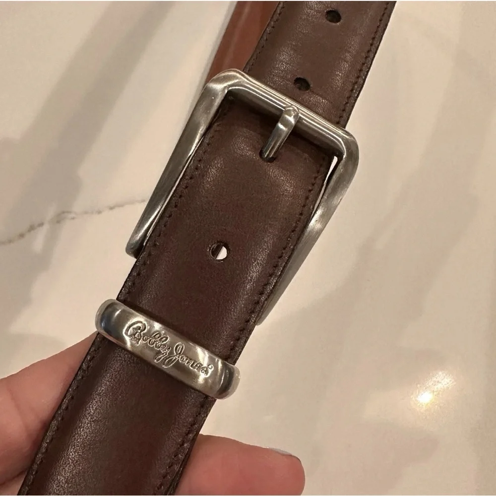 Bobby Jones Brown Leather Belt Mens 40 USA Golf Silver Solid Brass Buckle Logo